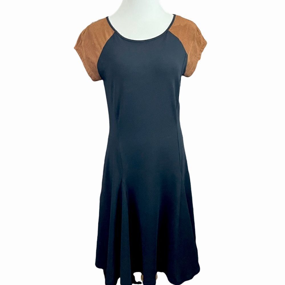 Lauren Ralph Lauren Black Dress with Perforated Suede Look Cap Sleeves M